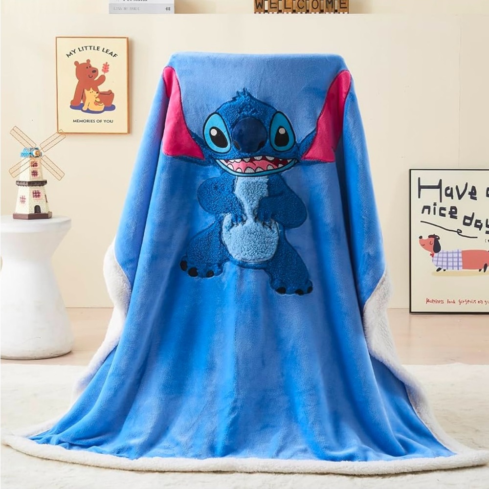 Stitch Sherpa Vibrant Blue and Pink Throw Blanket 50x60